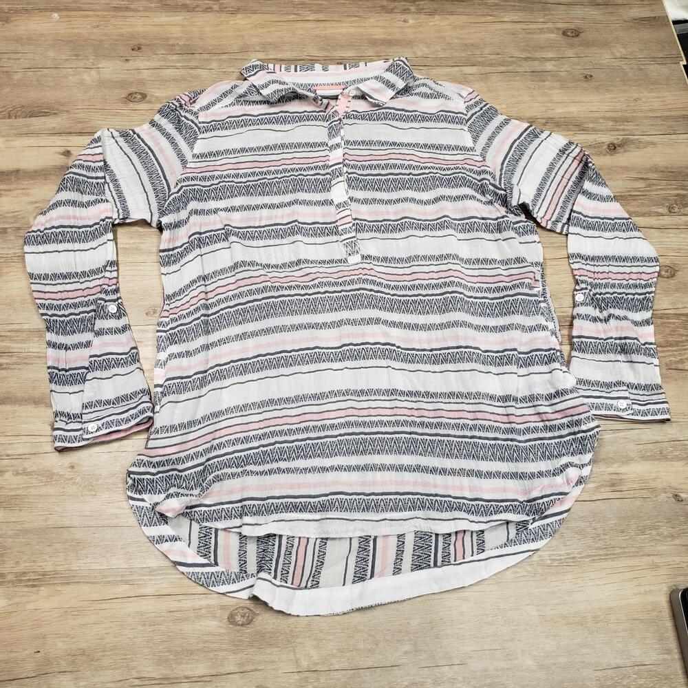 Columbia Shirt Womens XL White Blue Pink Striped Popover Henley Tunic AL1977
